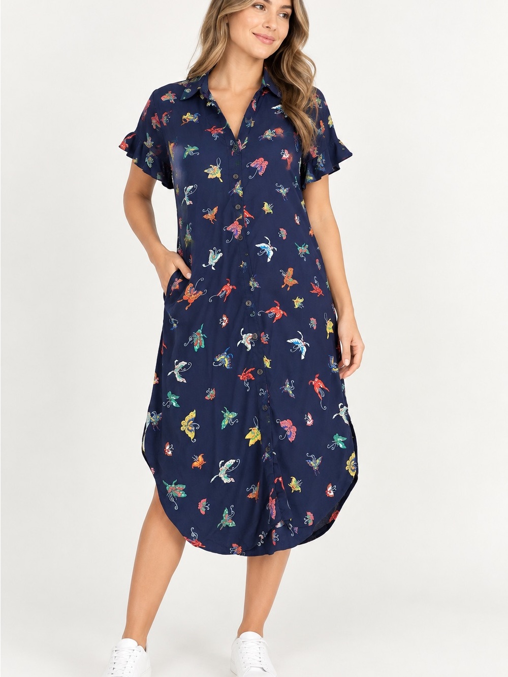 Anthropologie Navy Floral-Print Button-Front Swim Coverup